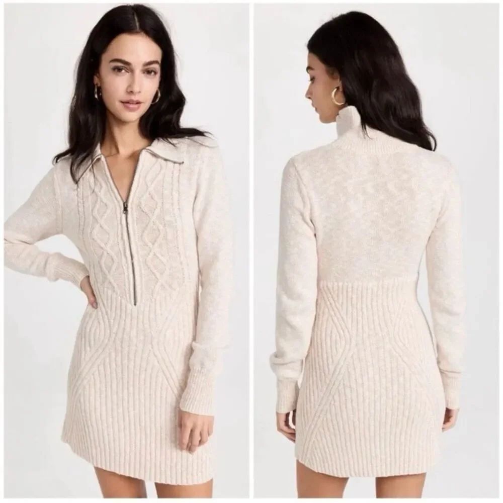 Free People Mont Blanc Beige Long Sleeve Mini Sweater Dress Size M